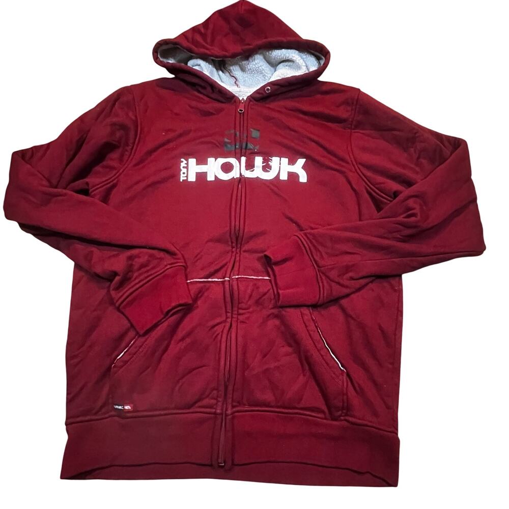 Vintage Tony Hawk Sherpa Lined Hoodie Maroon Zip Up Skatercore Men’s L Grunge
